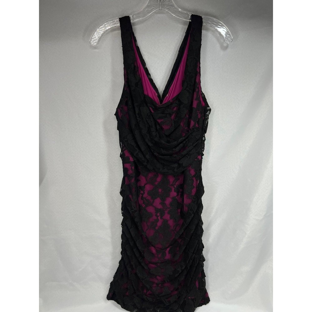 Express Sz 10 Pink & Black Mini Dress Club Evening Comfy Lace Ruched Body-con